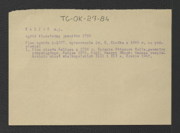 karta opisowa od planu ogrodu (1 : 1000) opracowanego przez Gerarda Ciołka w 1948 r. na podst. planu miasta Kalisza z 1785 r., skan 1