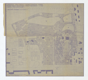 projekt, ukształtowanie terenu i bilans robót ziemnych. Napisy: WARSZAWA I OSIEDLE PUŁAWSKA - SKARPA; PROJEKT OGRODU PAŁACOWEGO I PARKU PUBLICZNEGO; UPRAWA I MELIORACJE GLEBY. POW. UPRAW I MELIORACJI OK.. 90 295 m2. Napisy objaśniające  , skan 1
