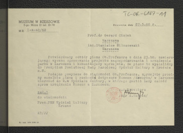 potwierdzenie z 27 maja 1960 r. odbioru pisma G. Ciołka ze strony Muzeum w Rzeszowie , skan 1