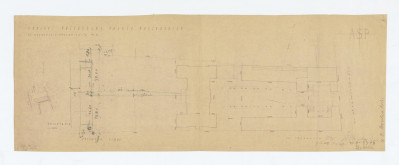 Pałac i Ogród Radziejowskiego (Raczyńskich)-plan orientacyjny założenia. Na planie sytuacyjnym zaznaczone przesunięcie osi założenia. Napis: ASP; PROJEKT PRZEBUDOWY PAŁACU RACZYŃSKICH, UL. KRAKOWSKIE PRZEDMIEŚCIE NR  5 .; ORIENTACJA; SYTUACJA. Napisy objaśniające i wymiary, skan 1