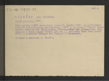 opis planu ogrodu (1 : 500) opracowanego przez G. Ciołka w 1953 r. na podstawie pomiaru sytuacyjno-wysokościowego z 1947 r. według planu „Gruntt Riess aesseu Gebeite und Ziongarten… 1777” ze zbiorów AGAD, skan 1