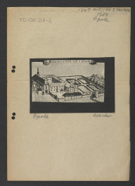 wycinek zawierający reprodukcję ryciny zamieszczonej w Wernher Friedrich Bernhard, Topografia Śląska, 1744-1768, a przedstawiający widok z tzw. lotu ptaka na miejscowy klasztor                                  , skan 1