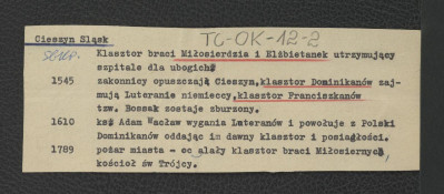 wypis z Słownika Geograficznego Królestwa Polskiego zawierający ważniejsze epizody w dziejach miejscowego klasztoru braci Miłosierdzia i elżbietanek począwszy od roku 1545 kiedy to zakonnicy opuścili klasztor wskutek nacisku miejscowych luteranów , skan 1