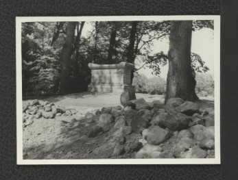 fotografia czarno-biała przedstawiająca pomnik upamiętniający bitwę raszyńską z 1809 r. znajdujący się na wysepce w północnej części tej posesji, skan 1