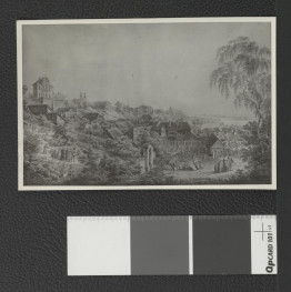 reprodukcka akwareli autorstwa Zygmunta Vogla przedstawiająca widok na fragment zabudowy powiślańskiej i klasztornego ogrodu     , skan 3