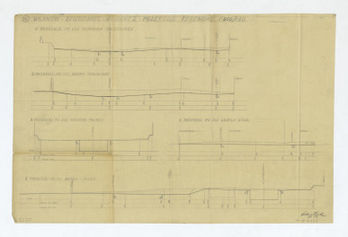 Wilanów-dziedziniec, wariant 2, przekroje. Pięć rysunków: 1. Przekrój po osi pomnika Sobieskiego; 2. Przekrój po osi bramy ogrodowej; 3. Przekrój po osi skrzydeł pałacu;  4. Przekrój po osi dziedzińca gospodarczego; 5. Przekrój po osi brama - pałac. Napisy objaśniające, skan 1