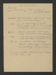 wypis z Katalog Zabytków Sztuki, t. II: Województwo łódzkie, Warszawa 1954, strona 143 zawierający ważniejsze epizody w dziejach miejscowego zespołu klasztornego począwszy od roku 1464 kiedy to rozpoczęto wznoszenie drewnianego kościoła dzięki hojności arc, skan 1