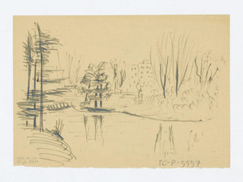 Ujazdów-fragment. Przerys z fotografii Poddębskiego. Napisy na odwrocie: Ogród Ujazdowski /pejzażowy/około 1905 r. Poddębski PIS 24560; b. dobre, skan 1