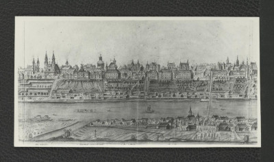 fotografia czarno-biała obrazu ukazującego panoramę Warszawy od strony Pragi z 1762 r., skan 1