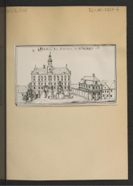 fotografia czarno-biała przedstawiająca reprodukcji ryciny zamieszczonej w Wernher F.B., Topografia Śląska, 1744-1768 a ukazującej widok na miejscowy zamek                                               , skan 1