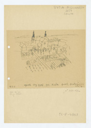 ogród przy kościele św. Krzyża  przed przebiciem ulicy - widok kościoła od strony ogrodu, skan 1