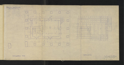 Morysin-projekt odbudowy portierni, rzut parteru i rzut belkowania. Podane wymiary i napisy objaśniające, skan 1