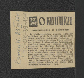 wycinek z „Expressu Wieczornego” z 23 lipca 1965 r. zawierający tekst pt. Archeologia w ogrodzie                                , skan 1