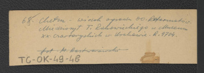 fiszka robocza do niezachowanej w obwolucie reprodukcji miedziorytu T. Rakowieckiego w Muzeum Czartoryskich w Krakowie       , skan 1