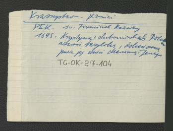 wypis z Podręczna Encyklopedia Kościelna, red. ks. Zygmunt Chełmicki, t. I-XLIV, Warszawa, 1904-1916 wzmiankujący zaistnienie miejscowej bazyliki – prawdopodobnie pod wezwaniem św. Franciszka Ksawerego – dzięki fundacji Krystyny z Lubomirskich Potockiej oraz ukończenie przez jej synów Mariana i Jerzego , skan 1