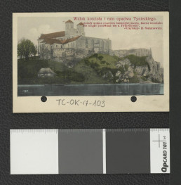 reprodukcja fotografii w formie pocztówki przedstawia widok kościoła i ruin opactwa od południowego wschodu; wraz z cytatem z Krzyżaków Henryka Sienkiewicza, skan 1