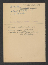 karta opisowa do niezachowanej w obwolucie fotografii reprodukcji ryciny zamieszczonej w Wernher Friedrich Bernhard, Topografia Śląska, 1744-1768; odsyłacz do Plezia M., Palatyn Piotr włostowic. Sylwetka z dziejów Śląska w XII wieku, Łódź 1947, s. 51 wzmiankujący klasztor i kościół wznoszony w latach 1149-1153 oraz uposażenia w wioski Tyniec i Mochbor , skan 1