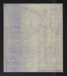 Wilanów-część południowa, plan sytuacyjny z zaznaczeniem sieci wodociągowej, kanalizacyjnej i elektrycznej oraz układu wodnego / umocnienia brzegów, przepusty, mosty, kaskada/. Napisy: WILANÓW. OGRÓD PAŁACOWY, CZĘŚĆ POŁUDNIOWA. PROJEKT TECHNICZNY. 1:500. WYTYCZNE DLA BRANŻ, skan 1