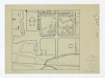 Wilanów-zaczęte opracowanie graficzne sytuacji dróg i zadrzewienia między szosą a dziedzińcem, skan 1