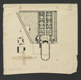reprodukcja planu z Ciołek G., Ogrody polskie, Warszawa 1954, s. 91 ukazujące plan miejscowego ogrodu z 1760 r. autorstwa Jana Daniela Jaucha z 1760 r.  , skan 2