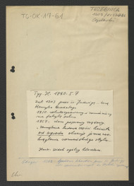 wypis z „Tygodnika Ilustrowanego” I, 7 (1860) wzmiankujący założenie klasztoru w 1203 r. z inicjatywy Jadwigi, żony Henryka Brodatego, sekularyzacje z roku 1810; wzmianka dotycząca ilustracji przedstawiającej widok ogólny klasztoru; odsyłacz do Ciołek Gerard, Ogrody polskie, Warszawa 1954 wzmiankujący zaistnienie klasztoru z inicjatywy Jadwigi, żony księcia Henryka Brodatego ok. 1208 r.; na odwrocie karty wypis z Dolny Śląsk zawierający chronologię miejscowego klasztoru oraz zwięzłą charakterystykę architektoniczną , skan 1