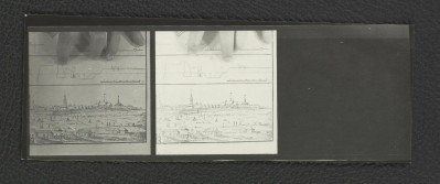 3 fotografie czarno-białe przedstawiające fragment rysunku panoramy Zamościa, skan 1