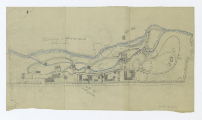 projekt zagospodarowania terenu, wersja I. Napisy: Skansen w Kuźnicach. Szkic I. 4.III.58 Zakopane, skan 1