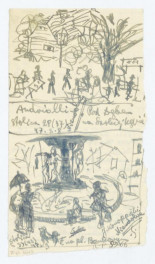 Warszawa-"1. widok. Przerys z rysunku Andriolliego - Powrót z Kolonii zwanej ""Pod dębem"" na Saskiej Kępie. Napisy: Andriolli; ""Pod Dębem"" na Saskiej Kępie; Stolica 28/37/ 47 s. 8    ; Nieudolne. 2. widok. Przerys z rysunku Konopackiego. Napisy: J. Konopacki.; Fontanna na placu Bankowym; Stolica - 33/42/ 47 s. 9; Nieudolne. Na odwrocie opis fontanny.", skan 1