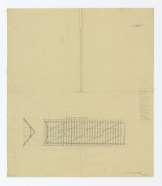 projekt zadaszenia (więźba dachowa rzut i przekrój poprzeczny) oraz wykaz  drzew bez związku z rysunkiem; schronisko Kalatówki, skan 1