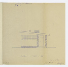 projekt, elewacja boczna. Napisy: ZAKOPANE - CAMPING; UMYWALNIA 5.; ELEWACJA  BOCZNA, skan 1