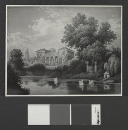 staw w ogrodzie pałacowym na terenie Markowic (fotografia reprodukcja litografii prawdopodobnie z pierwszej połowy XIX wieku) , skan 1