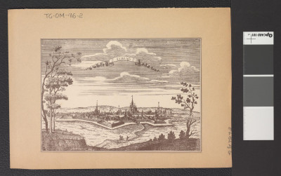 wycinek zawierający reprodukcję ryciny z epoki przedstawiającej panoramę miasta, skan 1