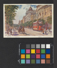 ulica Marszałkowska (reprodukcja barwnej pocztówki z epoki wykonana na podstawie akwareli Janiny Bagieńskiej), skan 1