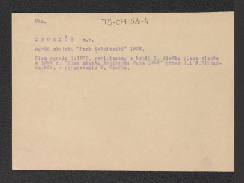 karta opisowa do niezachowanego w obwolucie planu ogrodu (1 : 1000) powiększony z kopii G. Ciołka planu wykonanego w 1926 r. („Plan miasta Królewska Huta”); twórcy: J. i. B. Włodarczykowie w oprac. G. Ciołka, skan 1