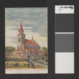 reprodukcja barwnej akwareli w formie karty pocztowej przedstawiającej projekt miejscowego kościoła według projektu krakowskiego architekta Jana Stobieckiego, skan 5