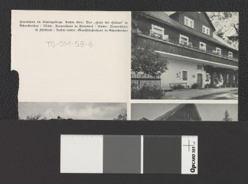 fragment niemieckojęzycznego foldera informacyjnego zawierjącego dwubarwną reprod. fotografii ukazującej fragment miejscowego zdrojowiska, skan 1