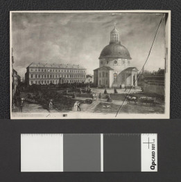 kościół ewangelicko-augsburski przy obecnym Placu Małachowskiego w pierwszej połowie XIX wieku (fotografia dwubarwna reprodukcji obrazu olejnego z epoki), skan 1