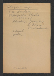 odsyłacz do Wernher F.B., Topografia Śląska, 1744-1768 wzmiankujący klasztory jezuitów, franciszkanów oraz zamek i pałac, skan 1