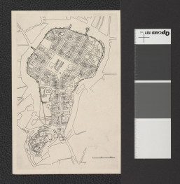 dwubarwny przerys planu katastralnego z lat 1848-1856 wykonany przez G. Ciołka przedstawiający plan zabudowy Starego Miasta, skan 7