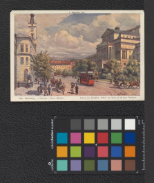 Plac Teatralny: Ratusz i Teatr Wielki (reprodukcja barwnej pocztówki z epoki wykonana na podstawie akwareli Janiny Bagieńskiej), skan 1