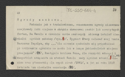 materiały robocze do tekstu pt.: ”Ogrody zamkowe”, karty luzem, podklejone, fragmenty kartek , skan 3