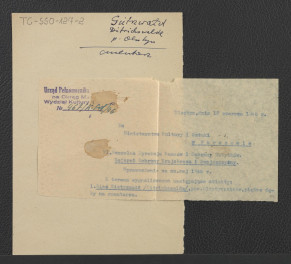 zawiadomienie o sprawozdaniu za maj 1946 roku dla Ministerstwa Kultury i Sztuki z 12 czerwca 1946 roku ze strony Urzędu Pełnomocnika na Okręg Mazurski Wydziału Kultury i Architektury , skan 1