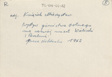 Książek Mieczysław, Wpływ górnictwa solnego na rozwój miast  Wieliczki i Bochni, 1962 (fiszka zawierająca nazwisko autora i temat jego pracy doktorskiej), skan 1