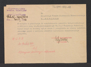 prośba ze strony Oddziału Inspekcji Budowlanej Wydziału Technicznego Zarządu Miejskiego w Lublinie (z dnia 30 sierpnia 1949 roku) w sprawie przesłania zaopiniowanego projektu, skan 1