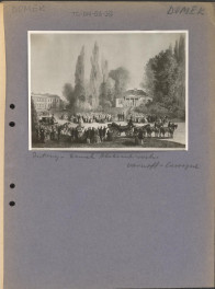 ilustracja związana z hasłem - domek - Domek Aleksandryjski w Puławach wg litografii Armand'a Théophile'a Cassagne i rysunku Barbary Czernoff przedstawiającego wyjazd cara Aleksandra II, który w dniach 22.07 - 10.08.1857 r. mieszkał w Domku Aleksandryjskim, skan 1