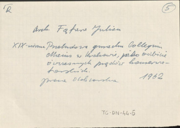 Fąfara Julian, Przebudowa gmachu Collegium Maius w Krakowie jako odbicie ówczesnych prądów konserwatorskich, 1962 (fiszka zawierająca nazwisko autora i temat jego pracy doktorskiej), skan 1