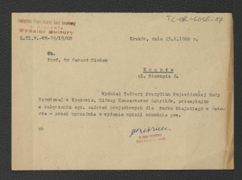prośba z 23 stycznia 1960 r. ze strony Wydziału Kultury Prezydium Wojewódzkiej Rady Narodowej w Krakowie do G. Ciołka o wydanie opinii odnośnie założeń projektowych dla Parku Miejskiego w tej miejscowości , skan 1