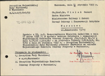 pismo Prezydium Wojewódzkiej Rady Narodowej w Warszawie z dnia 31 stycznia 1953 r. powołujące Gerarda Ciołka na członka Wojewódzkiego Komitetu Ochrony Przyrody w Warszawie , skan 1