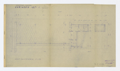 projekt kawiarni. Rzut przyziemia. Napisy: ZAKOPANE - CAMPING ; KAWIARNIA- ALT - 1 ; RZUT PRZYZIEMIA. Wymiary. W prawym dolnym rogu pieczątka Pracowni Sztuk Plastycznych w Krakowie, skan 1