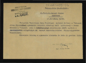 zlecenie dla G. Ciołka z 29 listopada 1958 r. ze strony Wydziału Kultury Prezydium Powiatowej Rady Narodowej w tej miejscowości dotyczący wykonania projektu odbudowy sali wystawowej w Domku Greckim w Puławach wraz orientacyjnym kosztorysem róbót , skan 1